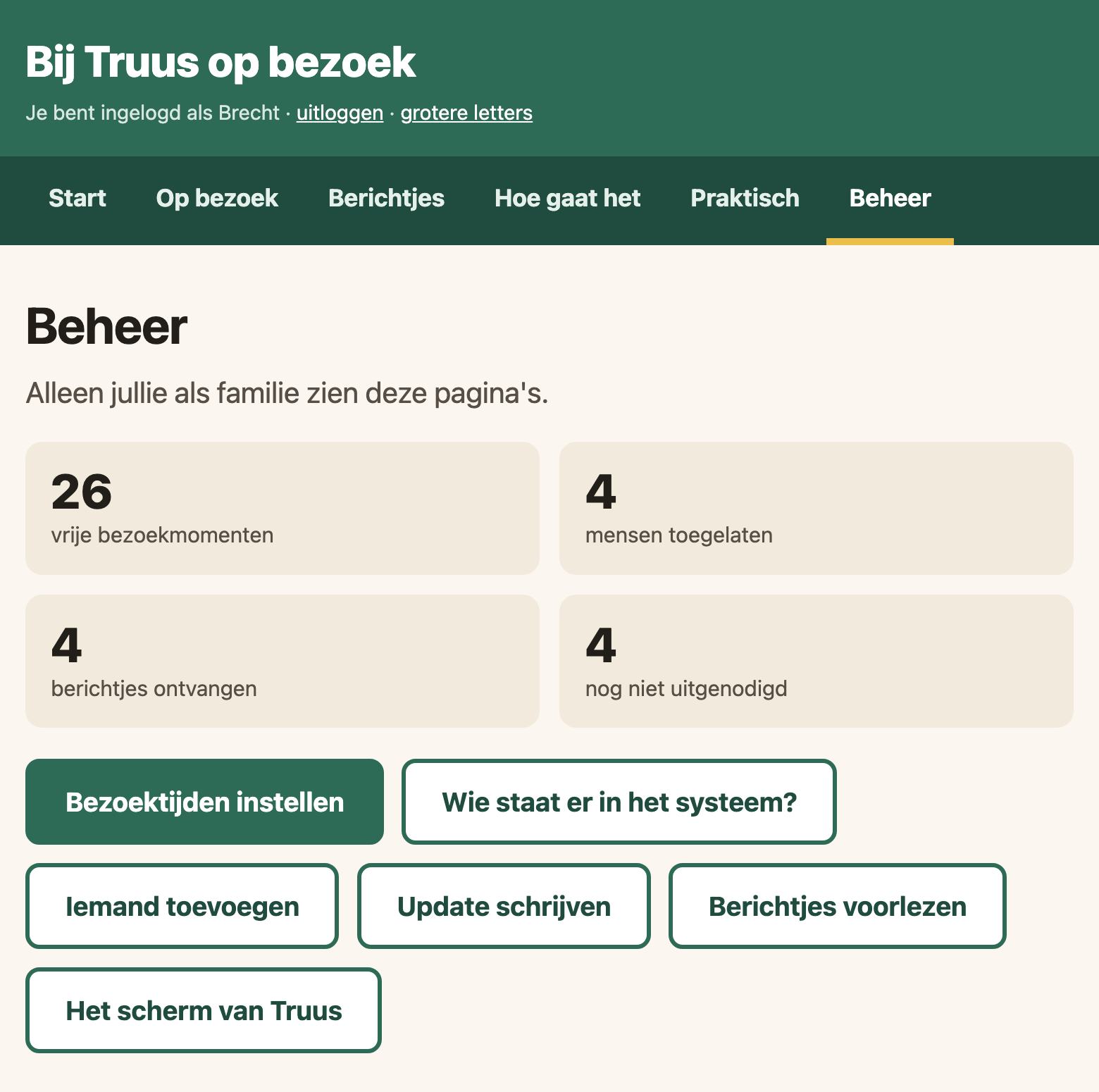 Het beheerscherm voor de familie: aantallen, knoppen voor bezoektijden en mensen, en de komende bezoeken.